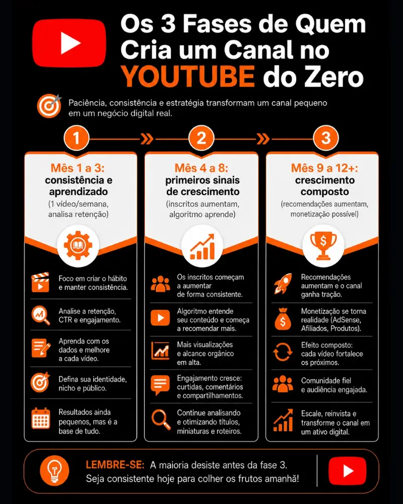 fases de crescimento de um canal no YouTube do zero para iniciantes