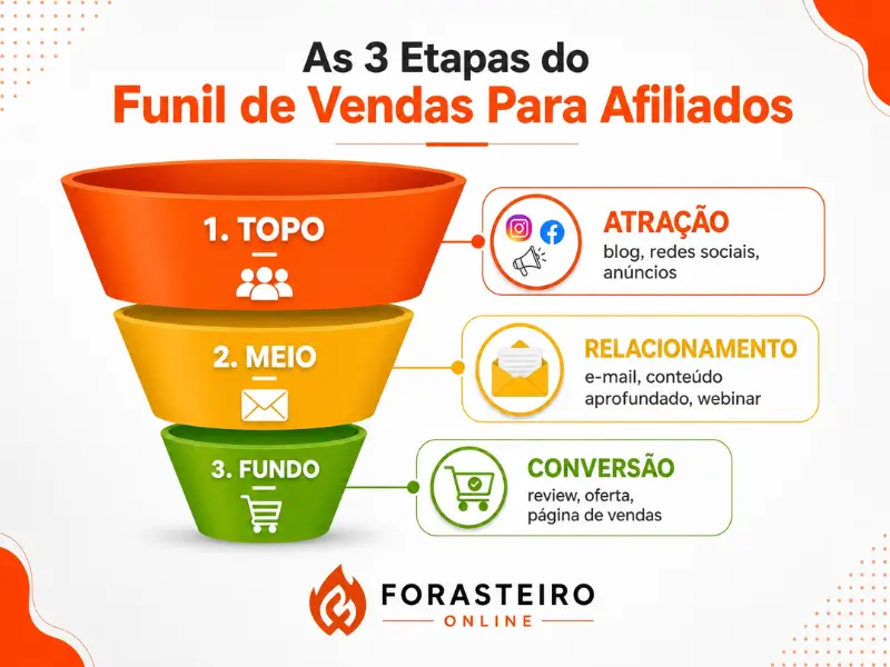 diagrama das 3 etapas do funil de vendas para afiliados topo meio e fundo