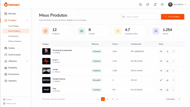 hotmart área de criação de curso online com módulos e aulas configurados
