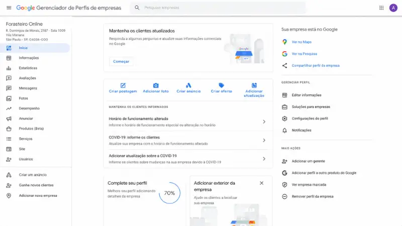 painel do google meu negócio com opções de configuração e edição do perfil