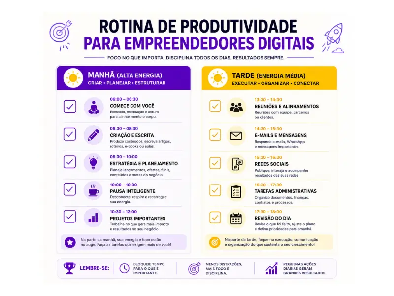rotina de produtividade para empreendedores digitais manhã e tarde