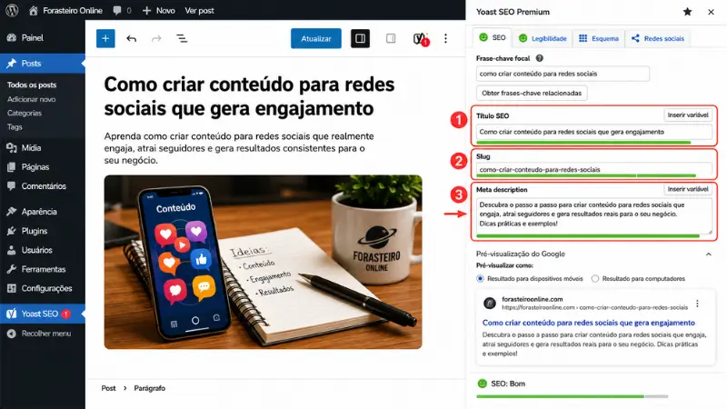 yoast SEO configuração de título meta description e slug no WordPress