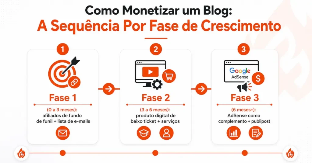 fluxo de como monetizar um blog pequeno por fase de crescimento