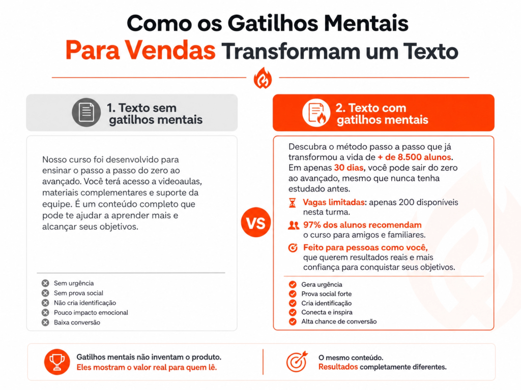 comparativo de texto sem e com gatilhos mentais para vendas marketing digital